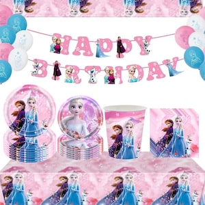 May include: A party supplies set featuring a pink and blue theme with the text "Happy Birthday". The set includes plates, cups, napkins, balloons, and a banner with characters from a popular animated movie.