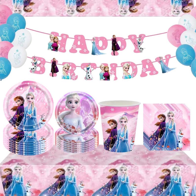 May include: A party supplies set featuring a pink and blue theme with the text "Happy Birthday". The set includes plates, cups, napkins, balloons, and a banner with characters from a popular animated movie.