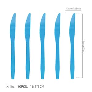 May include: Five light blue plastic knives, each 6.3 inches long, are arranged vertically against a white background. The knives are 0.5 inches wide. The text at the bottom reads "Knife, 10PCS, 16.1*3CM".