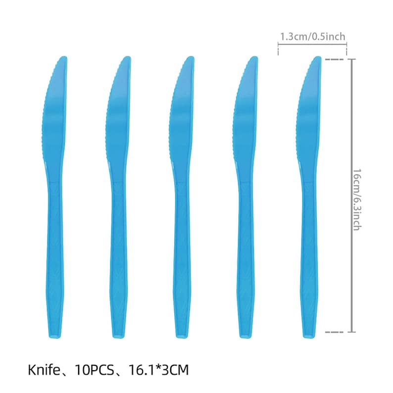 May include: Five light blue plastic knives, each 6.3 inches long, are arranged vertically against a white background. The knives are 0.5 inches wide. The text at the bottom reads "Knife, 10PCS, 16.1*3CM".