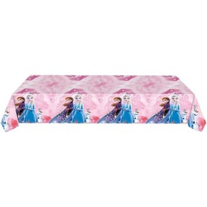 May include: Pink rectangular tablecloth featuring a repeating pattern of Elsa and Anna from Frozen. The design includes snowflakes and a pink background. The tablecloth is suitable for a themed party.