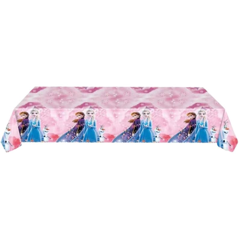 May include: Pink rectangular tablecloth featuring a repeating pattern of Elsa and Anna from Frozen. The design includes snowflakes and a pink background. The tablecloth is suitable for a themed party.