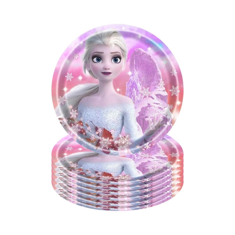 May include: Stack of round paper plates featuring a cartoon image of Elsa from Frozen. The plates have a pink and purple background with snowflakes and a mountain scene. The plates are suitable for a children's party.