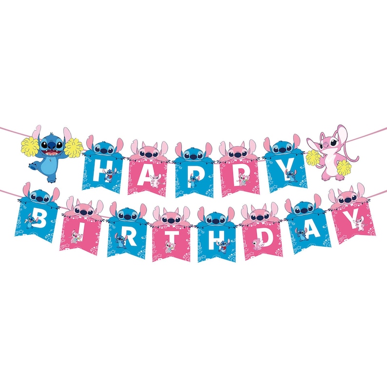 Angel and Stitch födelsedagsfesttillbehör: Tallrikar, koppar, bordsduk, dekorationer flag pulling