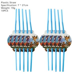Op de afbeelding: Tien plastic rietjes met lichtblauwe rietjes en decoratieve ronde bases. Elke basis heeft een cartoon illustratie. De tekst "Plastic Straw" en specificaties zijn zichtbaar. Rietjes zijn 27 cm lang.