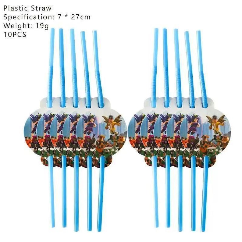 Op de afbeelding: Tien plastic rietjes met lichtblauwe rietjes en decoratieve ronde bases. Elke basis heeft een cartoon illustratie. De tekst "Plastic Straw" en specificaties zijn zichtbaar. Rietjes zijn 27 cm lang.