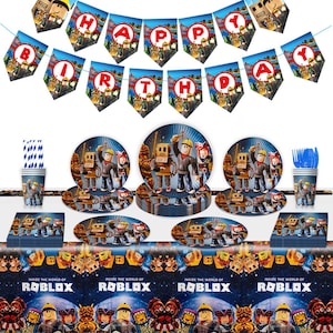 Op de afbeelding: Een Roblox-themafeestset met borden, bekers, servetten en een banner met de tekst "HAPPY BIRTHDAY". Het servies heeft een blauw en bruin kleurenschema met Roblox-karakterillustraties. Perfect voor een verjaardag.