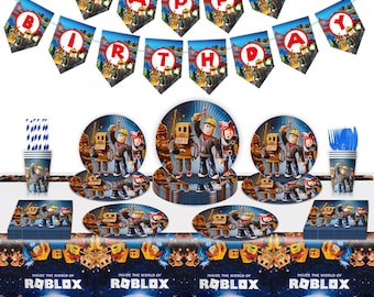 Roblox födelsedagsfesttillbehör – banderoll, tårtdekoration, servisset