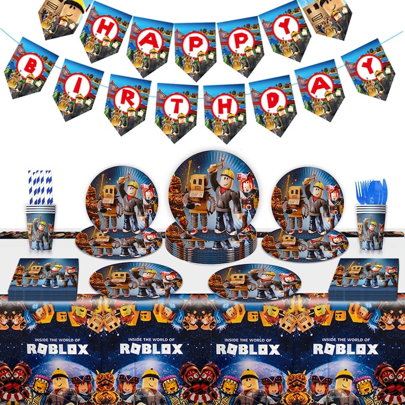 Op de afbeelding: Een Roblox-themafeestset met borden, bekers, servetten en een banner met de tekst "HAPPY BIRTHDAY". Het servies heeft een blauw en bruin kleurenschema met Roblox-karakterillustraties. Perfect voor een verjaardag.