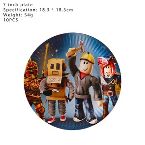 Op de afbeelding: Een 7-inch papieren bord met stripfiguren. Het bord heeft een blauwe achtergrond en bevat de tekst "7 inch plate Specification: 18.3 * 18.3cm Weight: 54g 10PCS". Het bord heeft een diameter van 17,8 cm.