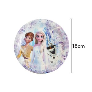 May include: A round plate featuring characters from the animated film Frozen. The plate has a diameter of 18cm (7 inches) and showcases Anna, Elsa, and Olaf against a wintery background with purple accents.