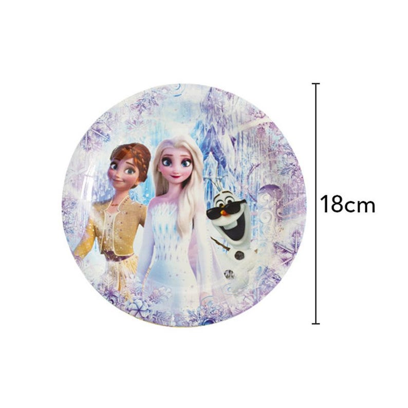 May include: A round plate featuring characters from the animated film Frozen. The plate has a diameter of 18cm (7 inches) and showcases Anna, Elsa, and Olaf against a wintery background with purple accents.