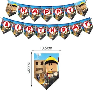 Op de afbeelding: Een feestelijke verjaardagsbanner met de woorden "HAPPY BIRTHDAY" in rode letters op een blauwe achtergrond. Elke vlaggetje heeft een stripfiguur. De banner is ongeveer 13,5 cm breed en 19,6 cm hoog.