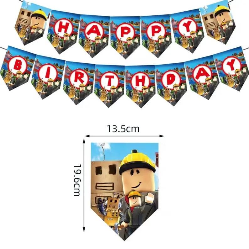 Op de afbeelding: Een feestelijke verjaardagsbanner met de woorden "HAPPY BIRTHDAY" in rode letters op een blauwe achtergrond. Elke vlaggetje heeft een stripfiguur. De banner is ongeveer 13,5 cm breed en 19,6 cm hoog.