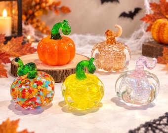 Mini Glass Pumpkin Figurine, Handmade Fall Decor, Halloween Thanksgiving Table Accent, Autumn Shelf Ornament, Unique Seasonal Gift