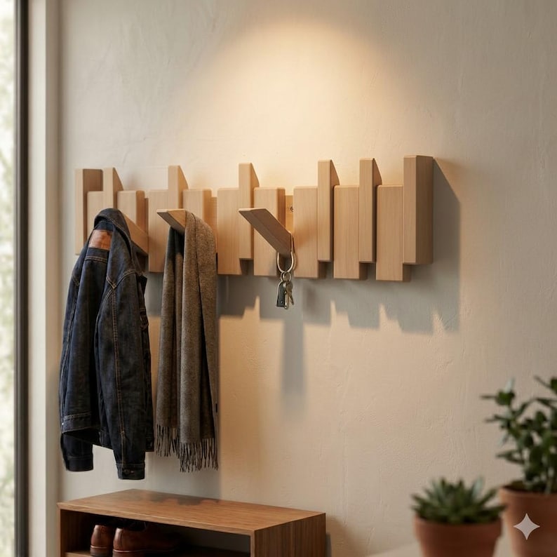 Solid Walnut Beech Wood Piano Coat Rack - Space Saving 8 or 10 Hooks ...
