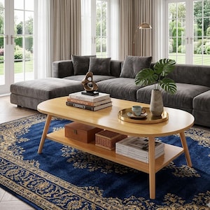 Könnte beinhalten: Wohnzimmer mit einem ovalen Couchtisch aus hellem Holz. Der Tisch hat ein unteres Regal und enthält Bücher, eine dekorative Box und Zeitschriften. Ein dunkelblauer Teppich mit goldenem Blumenmuster liegt unter dem Tisch. Ein graues Ecksofa und eine Vase mit grünen Blättern sind ebenfalls zu sehen.