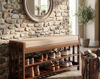 Zapatero de madera con cojín, estante organizador de zapatos, banco para pasillo,