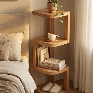 Moderne houten hoekplankstandaard, geometrische Z-vormige plantenstandaard, minimalistisch houten nachtkastje voor kleine ruimtes, displayrek in Japandi-stijl