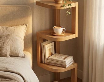 Moderner Holz-Eckregalständer, geometrischer Z-Förmiger Blumenständer, minimalistischer Holznachttisch für kleine Räume, Japandi-Stil-Präsentationsständer