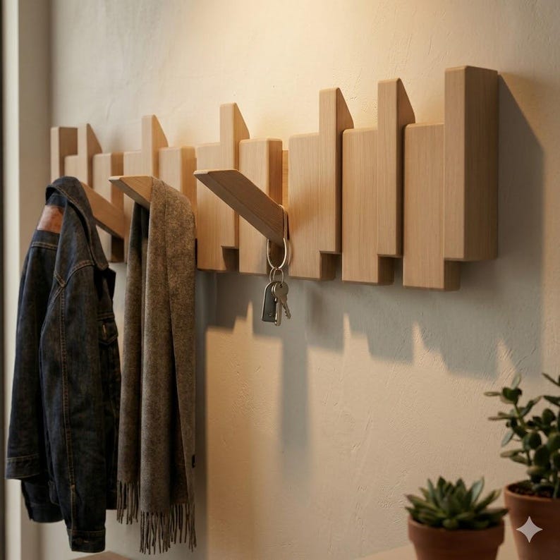Solid Walnut Beech Wood Piano Coat Rack - Space Saving 8 or 10 Hooks ...