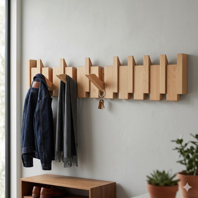 Solid Walnut Beech Wood Piano Coat Rack - Space Saving 8 or 10 Hooks ...