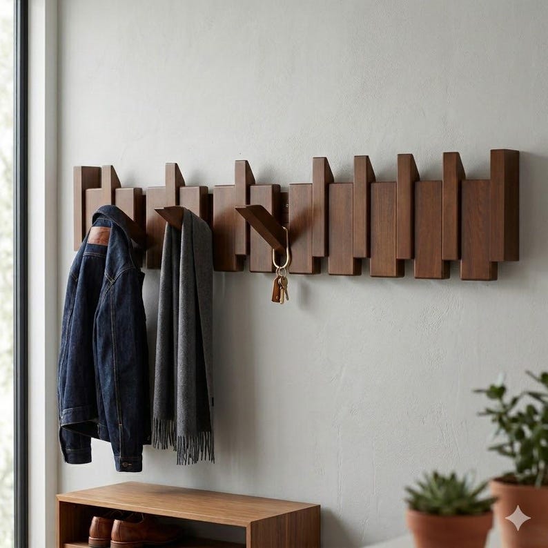 Solid Walnut Beech Wood Piano Coat Rack - Space Saving 8 or 10 Hooks ...