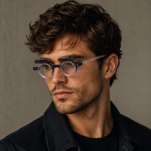 May include: Round eyeglasses with a dark blue frame and clear lenses, featuring a secondary pair of smaller, dark-tinted flip-up lenses attached to the top of the main frame. The temples are made of a translucent material, and the bridge is metal.