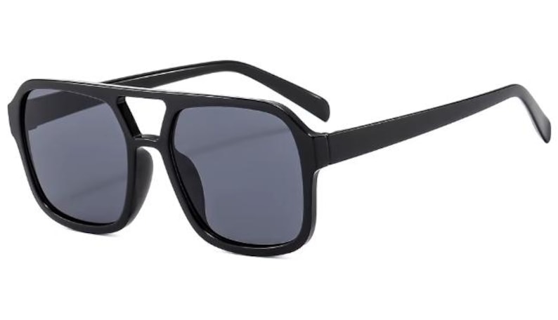 May include: Black sunglasses featuring a square frame and dark grey lenses. The sunglasses have a double bridge design and thick arms. The overall style is modern and bold, suitable for various outdoor activities.