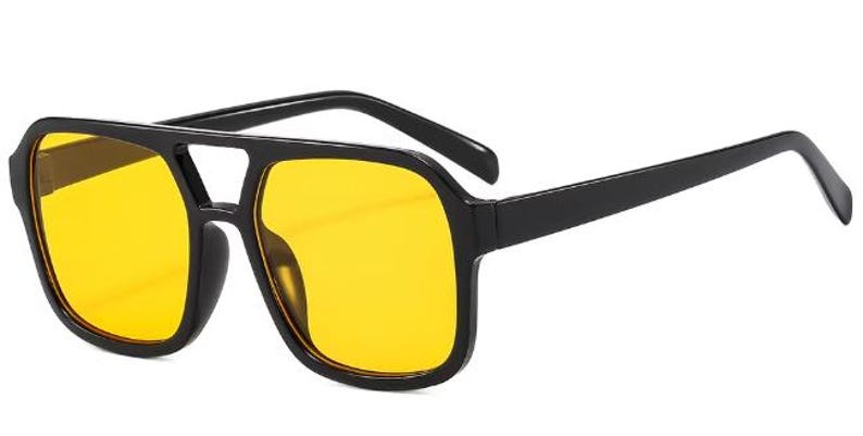 May include: Black sunglasses with yellow lenses. The sunglasses have a square shape with a double bridge and thick arms. The lenses are a bright yellow colour, and the frames are a matte black.