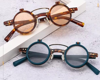 Vintage Round Steampunk Small Flip-up Sunglasses Retro (Unisex)
