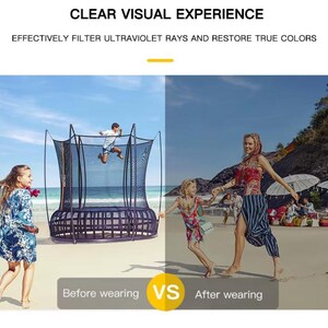 May include: Image showing a comparison of visual clarity before and after wearing. A trampoline is in the center, with a person jumping. The right side shows people on a beach. Text reads: CLEAR VISUAL EXPERIENCE, EFFECTIVELY FILTER ULTRAVIOLET RAYS AND RESTORE TRUE COLORS.