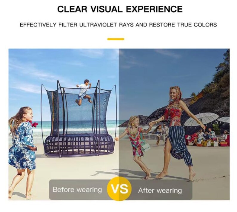 May include: Image showing a comparison of visual clarity before and after wearing. A trampoline is in the center, with a person jumping. The right side shows people on a beach. Text reads: CLEAR VISUAL EXPERIENCE, EFFECTIVELY FILTER ULTRAVIOLET RAYS AND RESTORE TRUE COLORS.