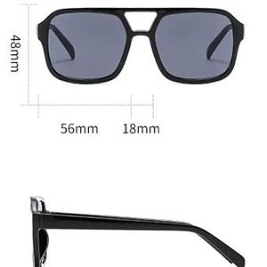 May include: Black square sunglasses with grey lenses. The sunglasses measure 14.5cm wide, 4.8cm high, and 14.1cm long. The lenses are 5.6cm wide with an 1.8cm bridge. The sunglasses have a double bridge design.