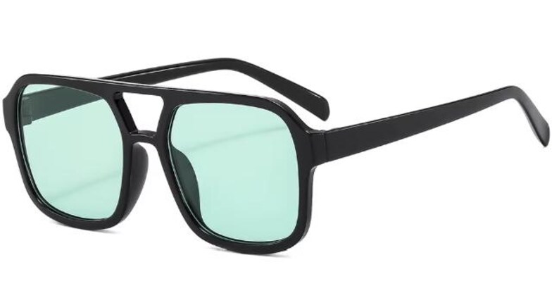 May include: Black square-framed sunglasses with light green lenses. The sunglasses have a double bridge and thick temples. The lenses are a solid, opaque colour. The overall style is modern and bold.