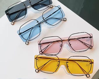 Luxe oversized vierkante zonnebril zonder rand | Modekleuren met retrogradiënt | Bril met geometrisch metalen montuur | Uniseks designerstijl