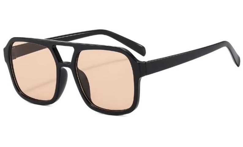 May include: Black square-framed sunglasses with a double bridge and light brown lenses. The sunglasses have a classic aviator style with a modern twist. The frames are thick and sturdy, providing a bold look.