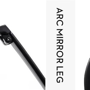 May include: Close-up of black eyeglasses components. The image highlights the secure hinge and arc mirror leg design. Text on the left reads "SECURE HINGE" and on the right "ARC MIRROR LEG".
