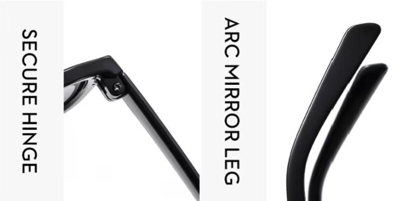 May include: Close-up of black eyeglasses components. The image highlights the secure hinge and arc mirror leg design. Text on the left reads "SECURE HINGE" and on the right "ARC MIRROR LEG".