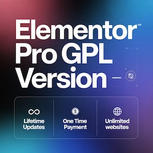 Puede incluir: Gráfico digital con el texto "Elementor Pro GPL Version" en blanco. Debajo, tres iconos representan "Actualizaciones de por vida", "Pago único" y "Sitios web ilimitados" sobre un fondo degradado azul y morado.