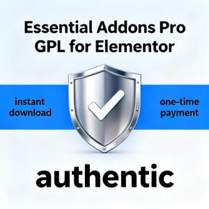 Könnte beinhalten: Digitalgrafik mit dem Text "Essential Addons Pro GPL for Elementor". Ein silberner Schild mit einem weißen Häkchen ist zentriert. Die Wörter "sofortiger Download", "einmalige Zahlung" und "authentisch" werden ebenfalls angezeigt.