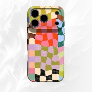 May include: A protective phone case featuring a multi-colored, distorted checkerboard pattern. The design includes squares in shades of pink, orange, light blue, olive green, lavender, and black, creating a wavy, warped grid effect across the surface.