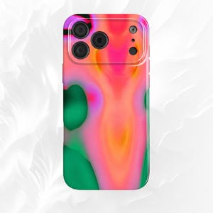 May include: A smartphone case featuring a vibrant, abstract design with fluid, blended gradients of bright pink, orange, and deep green. The case has a rectangular shape with rounded corners and a cutout for a triple-lens camera system.
