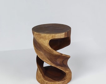 Hand Carved Walnut Double Twist Side Table, Sculptural Pedestal Accent Stand