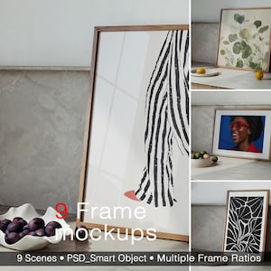 Pacote de Mockups de Molduras de Madeira Estéticas, 9 Cenas de Jantar e Cozinha, Exibição de Arte Minimalista para Mesa, Objeto Inteligente PSD