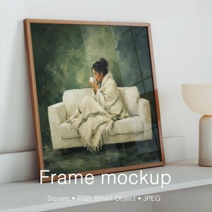 Square Wood Frame Mockup, 1:1 Ratio Oak Picture Frame on Shelf, Minimalist Living Room Art Display with Lamp, PSD Smart Object.