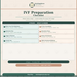 Puede incluir: Una lista de verificación imprimible de preparación para la FIV con una combinación de colores verde azulado y marrón. La lista de verificación incluye secciones para cada etapa de la FIV, como la preparación de medicamentos, el desencadenamiento y la recuperación, y el desarrollo del embrión.