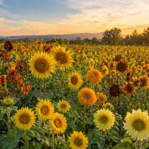 Sunshine Field Mix sunflower field - 9-variety heirloom blend at golden hour