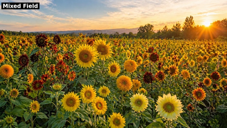 Sunshine Field Mix sunflower field - 9-variety heirloom blend at golden hour