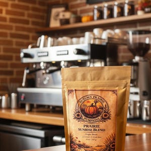 Könnte beinhalten: Ein beigefarbener Kaffeebeutel mit dem Text "Autumn Prairie Pumpkins Prairie Sunrise Blend" und einer Kürbisgrafik. Der Beutel steht auf einer Holztheke in einem Café, mit einer Kaffeemaschine und einer Backsteinmauer im Hintergrund. Der Beutel enthält 170 g Kaffee.